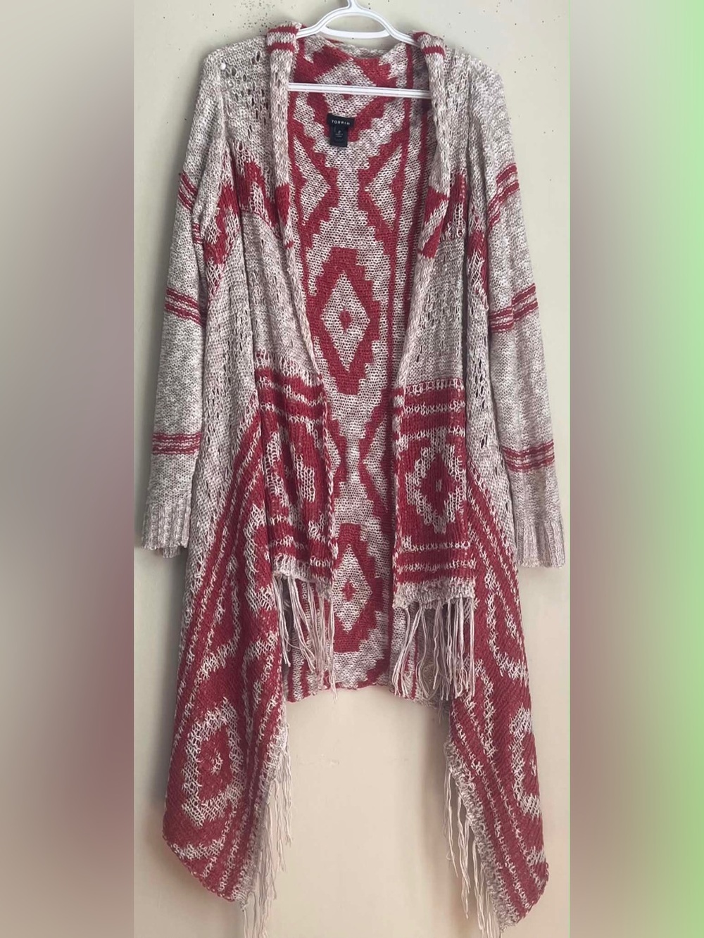 torrid Red and Cream Aztec Knit Fringe Open Cardigan